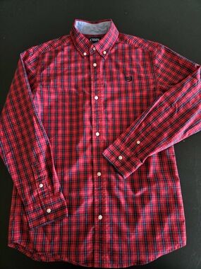 Chaps Boys Plaid Long Sleeve Button Down Shirt Red Navy Size L (14/16)